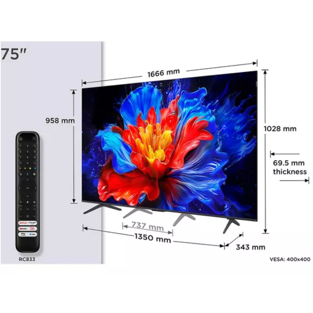 TCL 75"P8K 4K QLED TV 144HzGoogle TV; Motion Clarity Pro;Game Master; Onkyo 2.1;