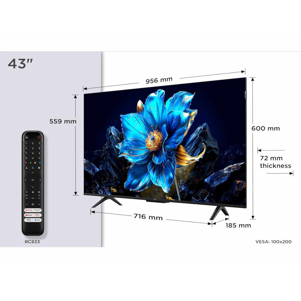 TCL 43"P7K 4K QLED TV 60HzGoogle TV; HDR multi-format;HVA Panel; Game Master; Dolby Atmos;