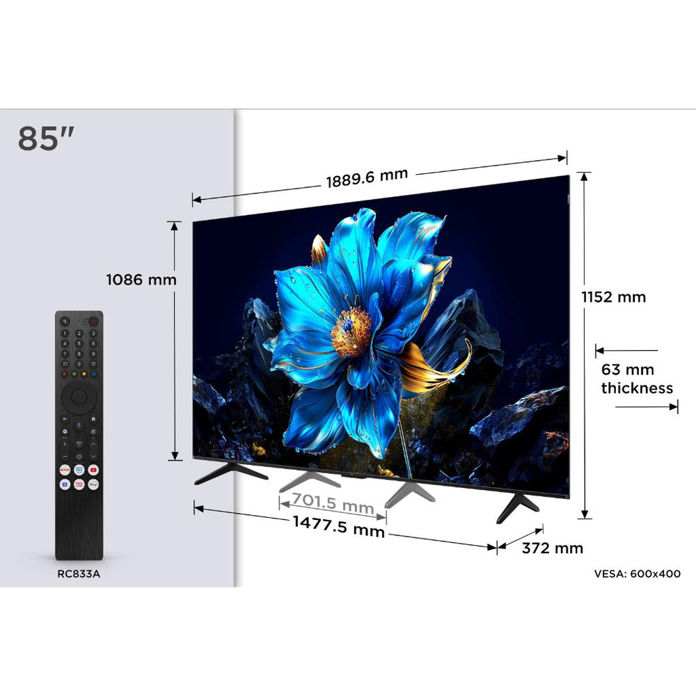 TCL 85"P7K 4K QLED TV 60HzGoogle TV; HDR multi-format;HVA Panel; Game Master; Dolby Atmos;